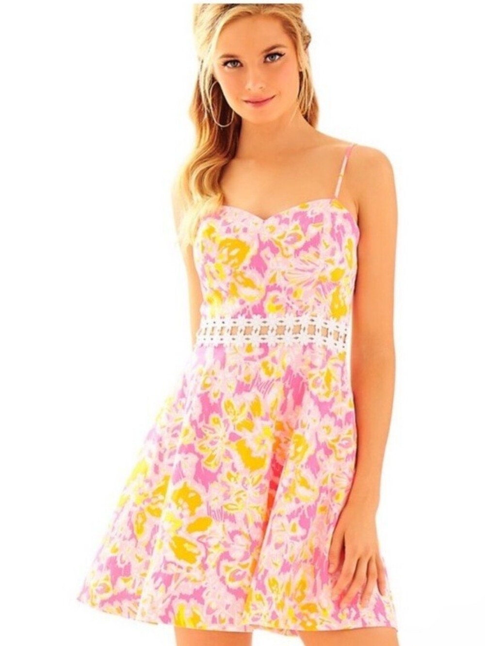 Lilly Pulitzer 2 Pink Yellow Lenore Lace Cut Out Cotton Mini Dress